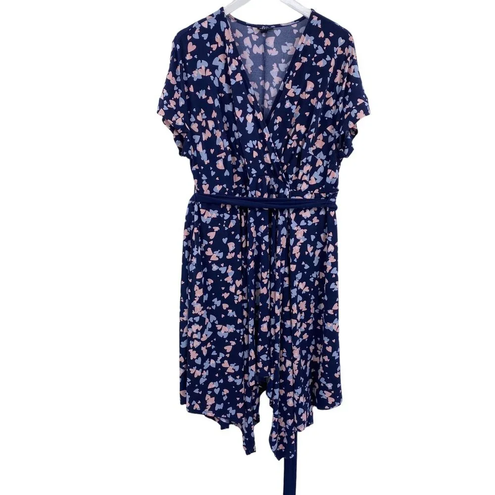 Torrid Heart Print Studio Knit Wrap Dress Size‎ 1X Blue Handkerchief hem pockets
